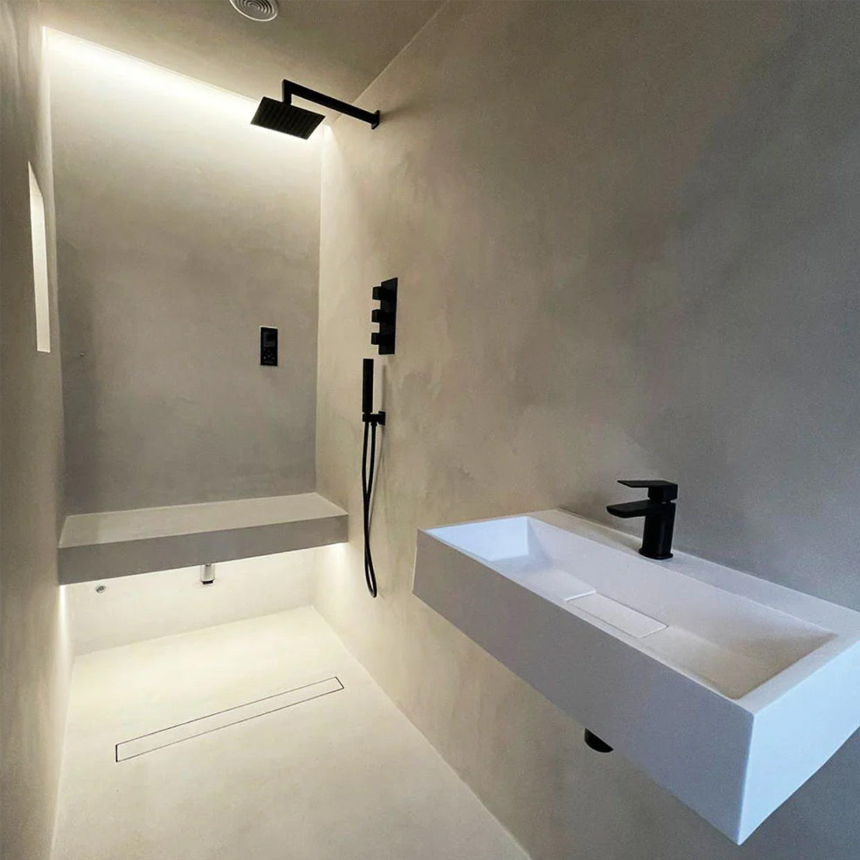 Resin Rock Microcement Ready Shower Tray 550mm Linear Drain Short Edge