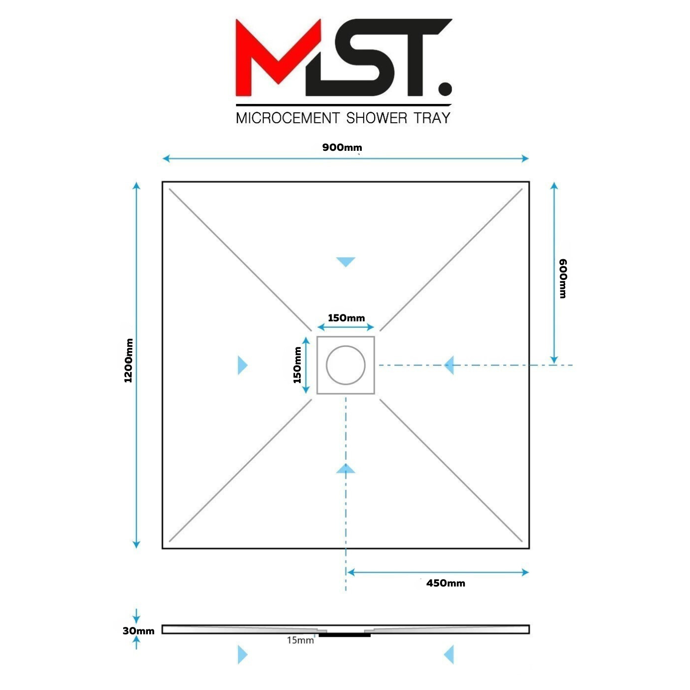 Resin Rock Microcement Ready Shower Tray 150mm Central Square Drain