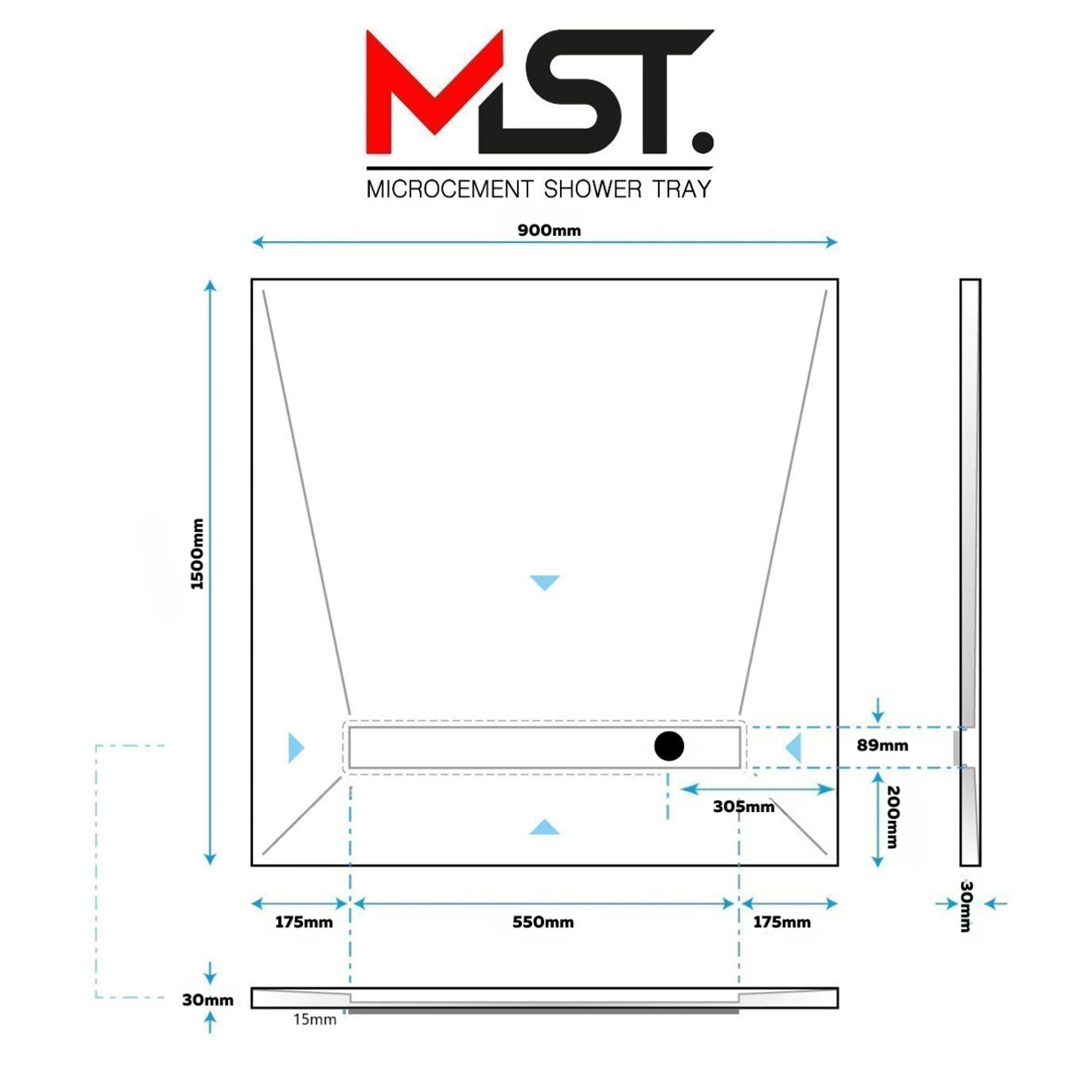 Resin Rock Microcement Ready Shower Tray 550mm Linear Drain Short Edge