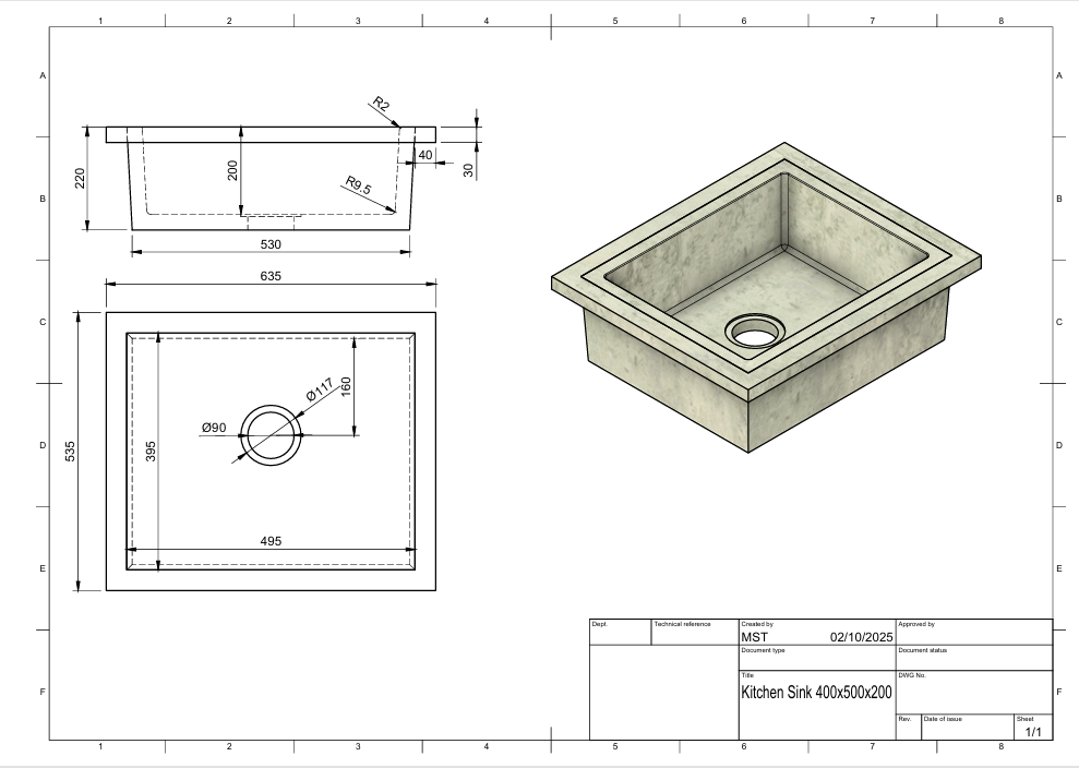 Technical drawing of a kitchen sink with dimensions