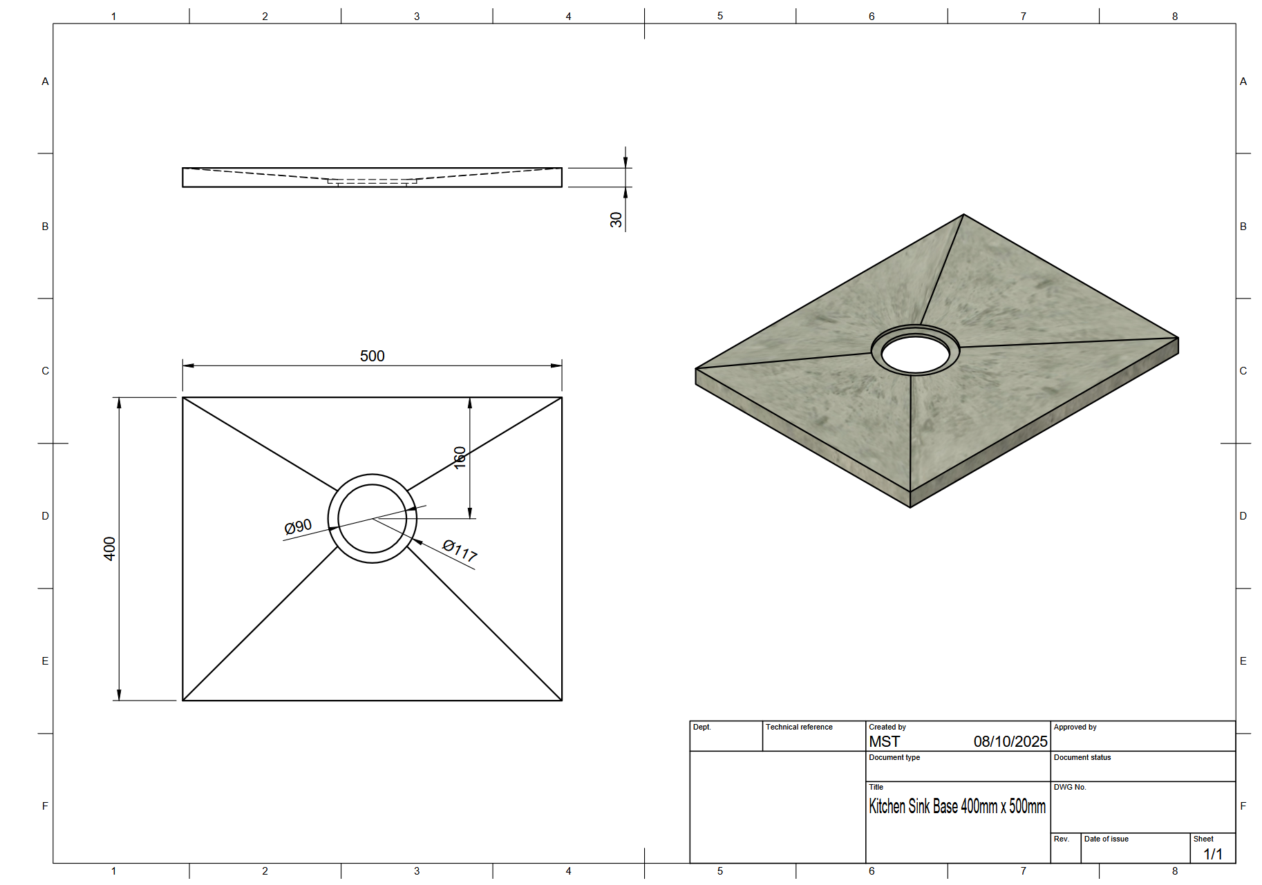 Technical drawing of a concrete slab with dimensions and specifications.