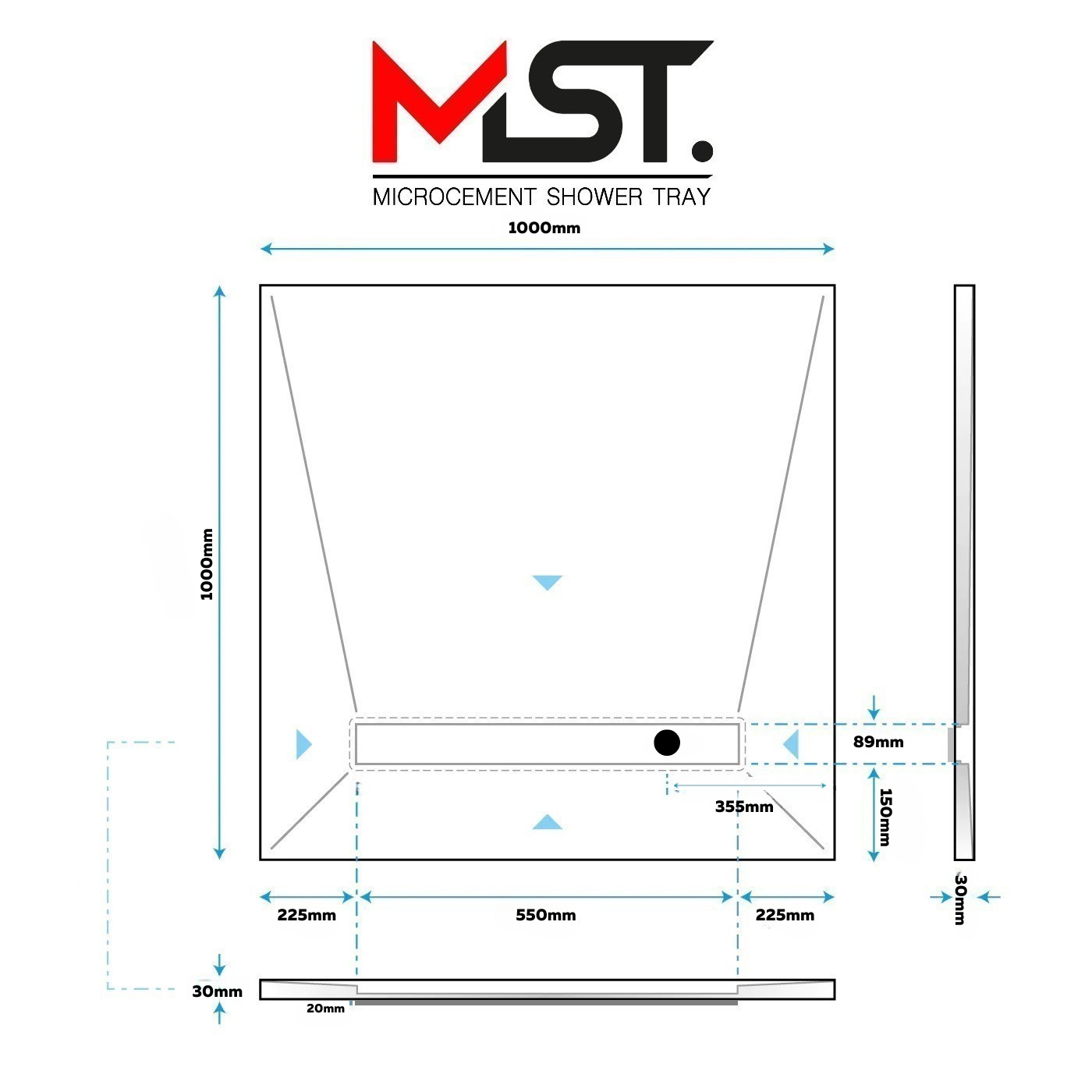 Resin Rock Microcement Ready Shower Tray 550mm Linear Drain Short Edge