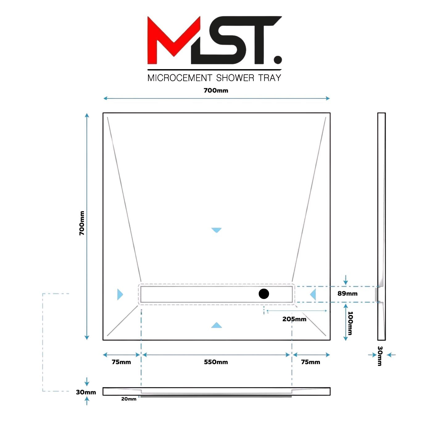 Resin Rock Microcement Ready Shower Tray 550mm Linear Drain Short Edge