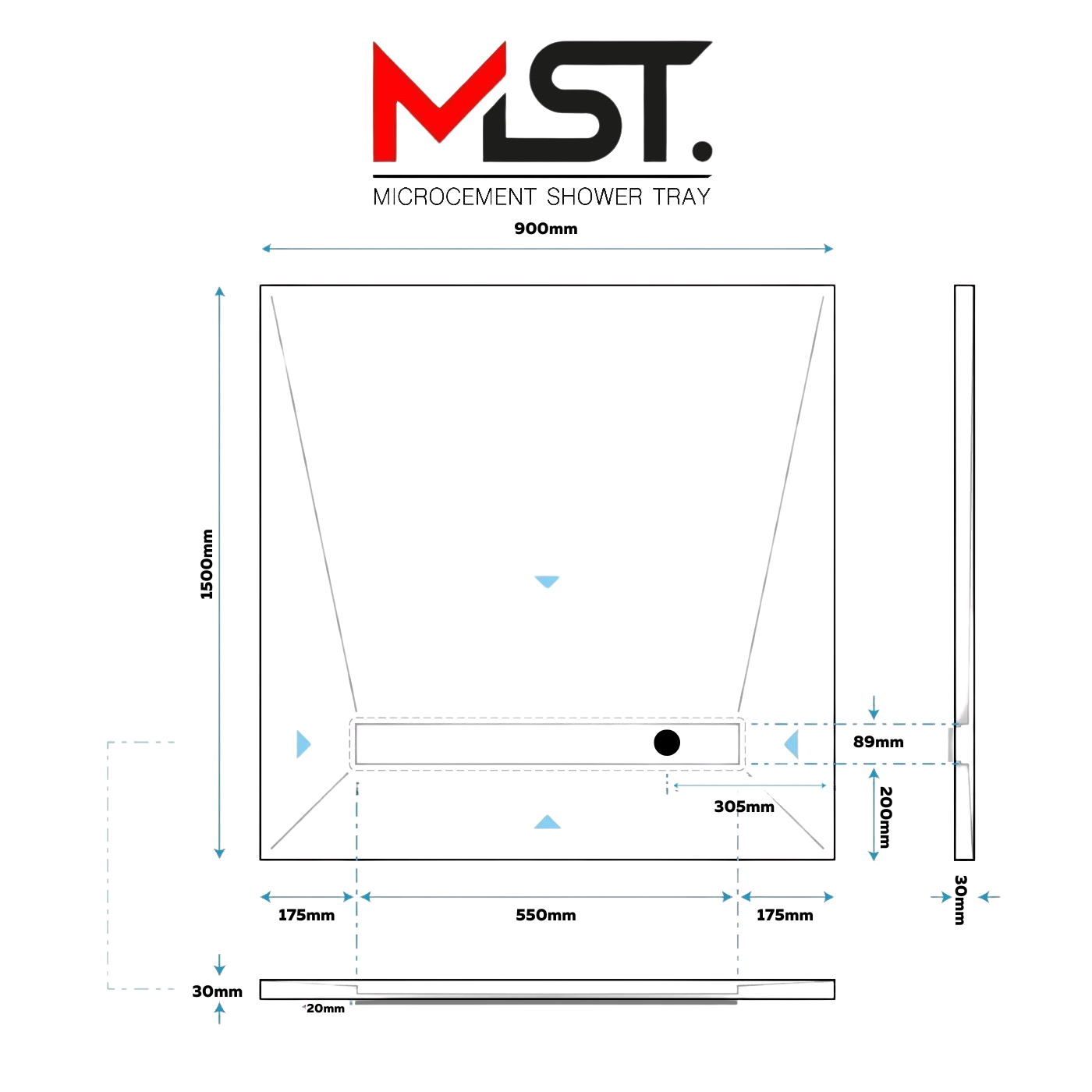 Resin Rock Microcement Ready Shower Tray 550mm Linear Drain Short Edge