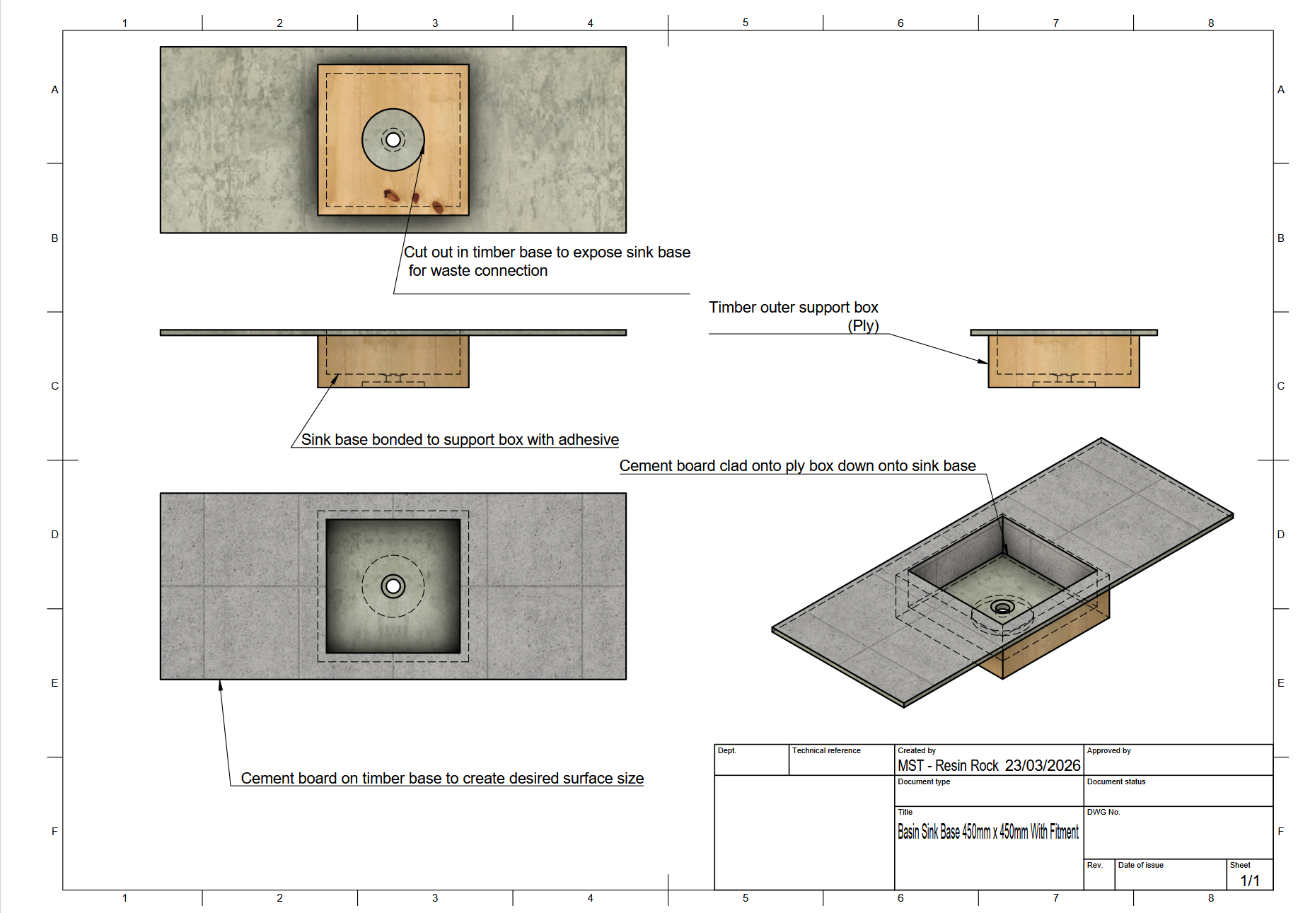 Technical drawing of a sink base installation process with labeled steps and materials.