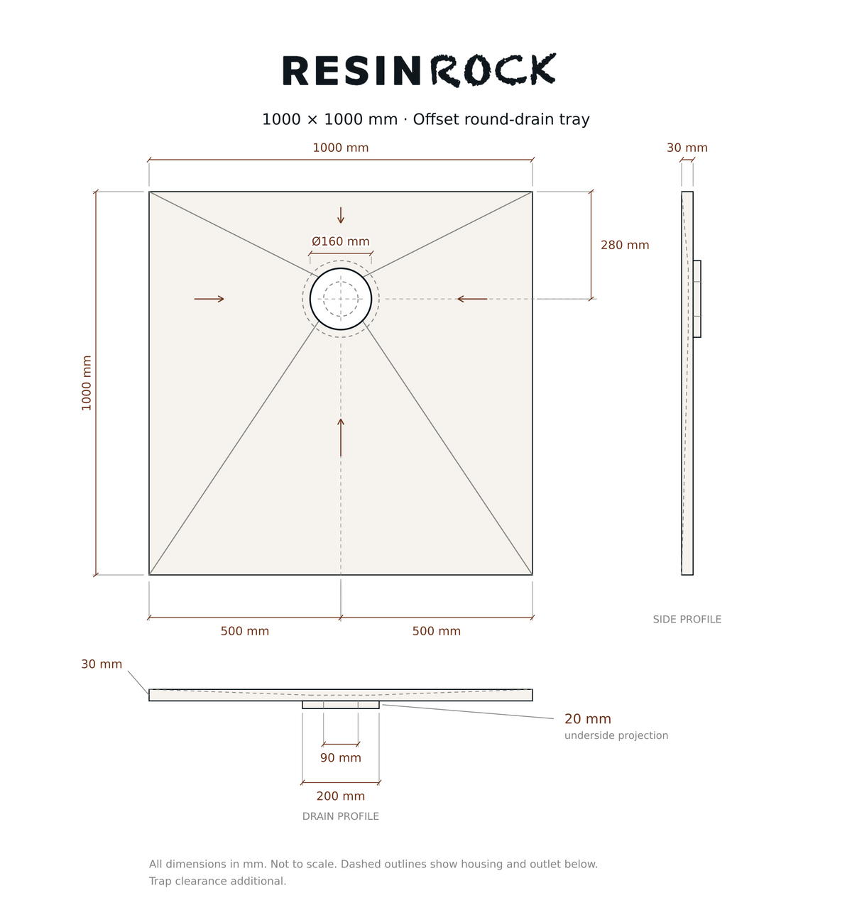 Resin Rock 1000 x 1000 mm round-drain tray specification drawing