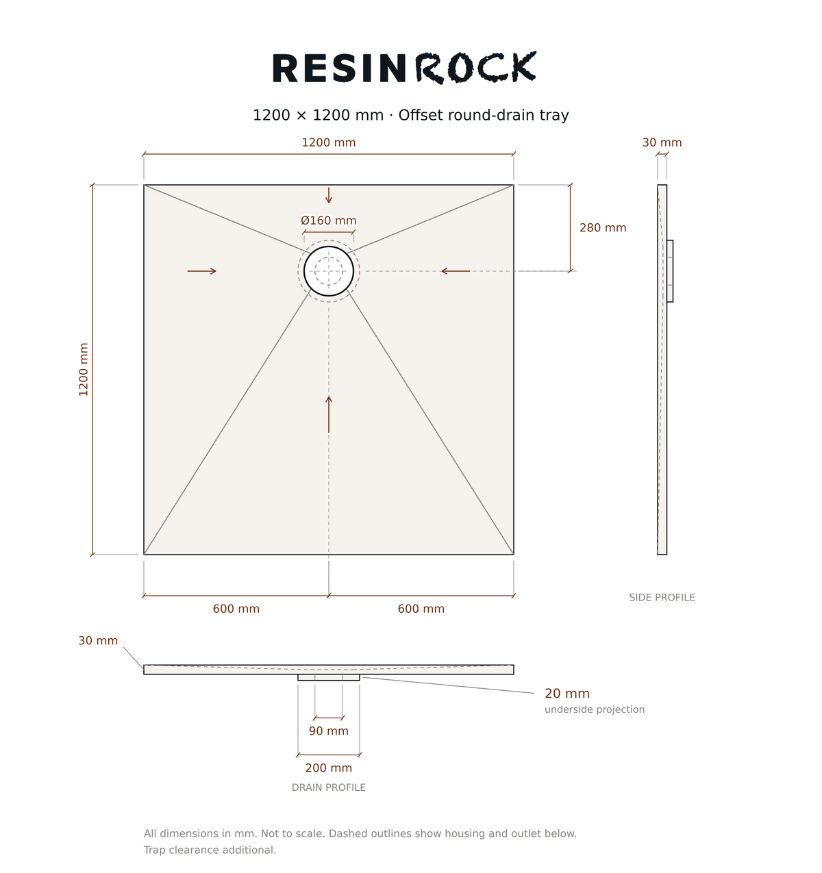 Resin Rock 1200 x 1200 mm round-drain tray specification drawing