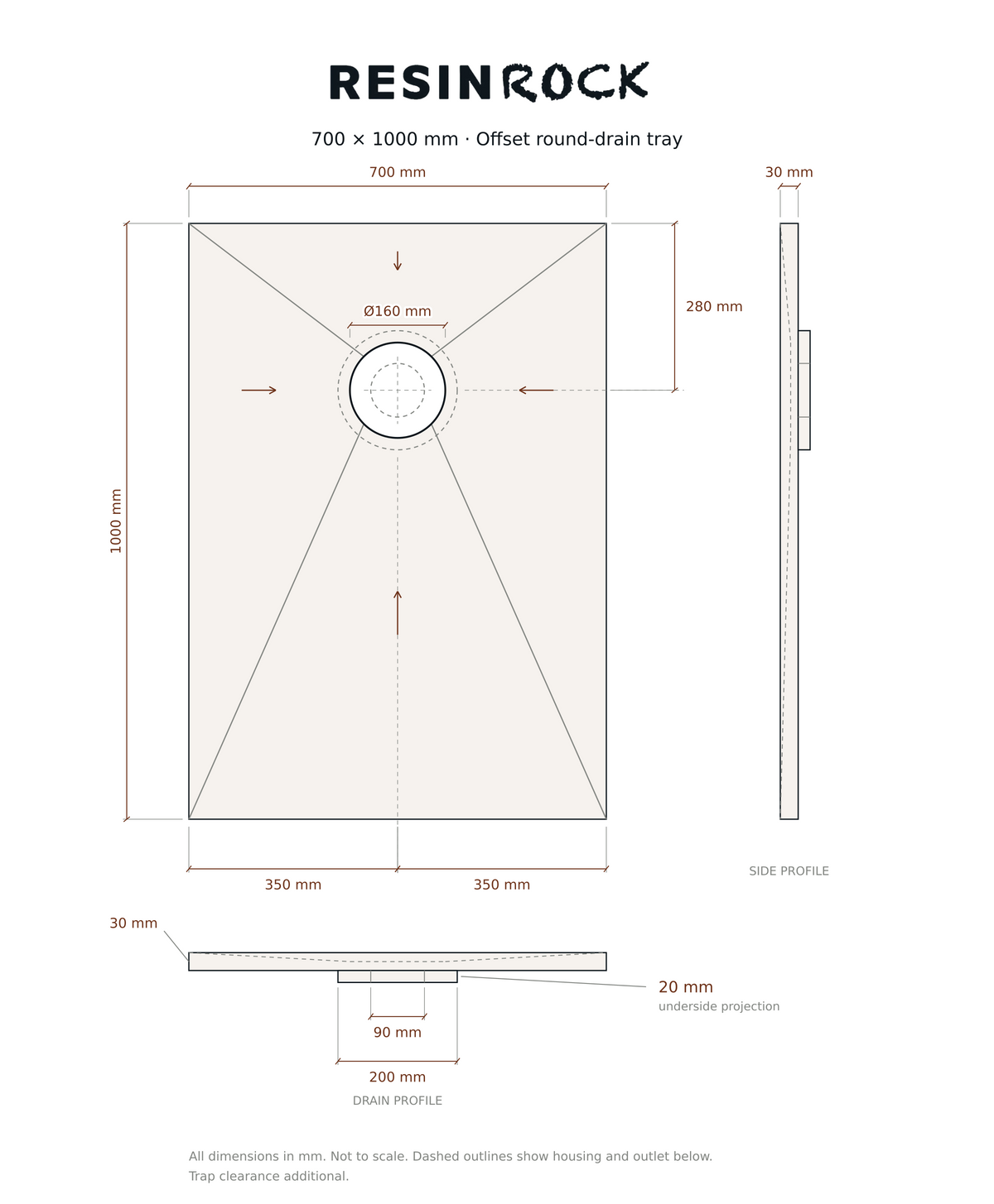 Resin Rock 700 x 1000 mm round-drain tray specification drawing