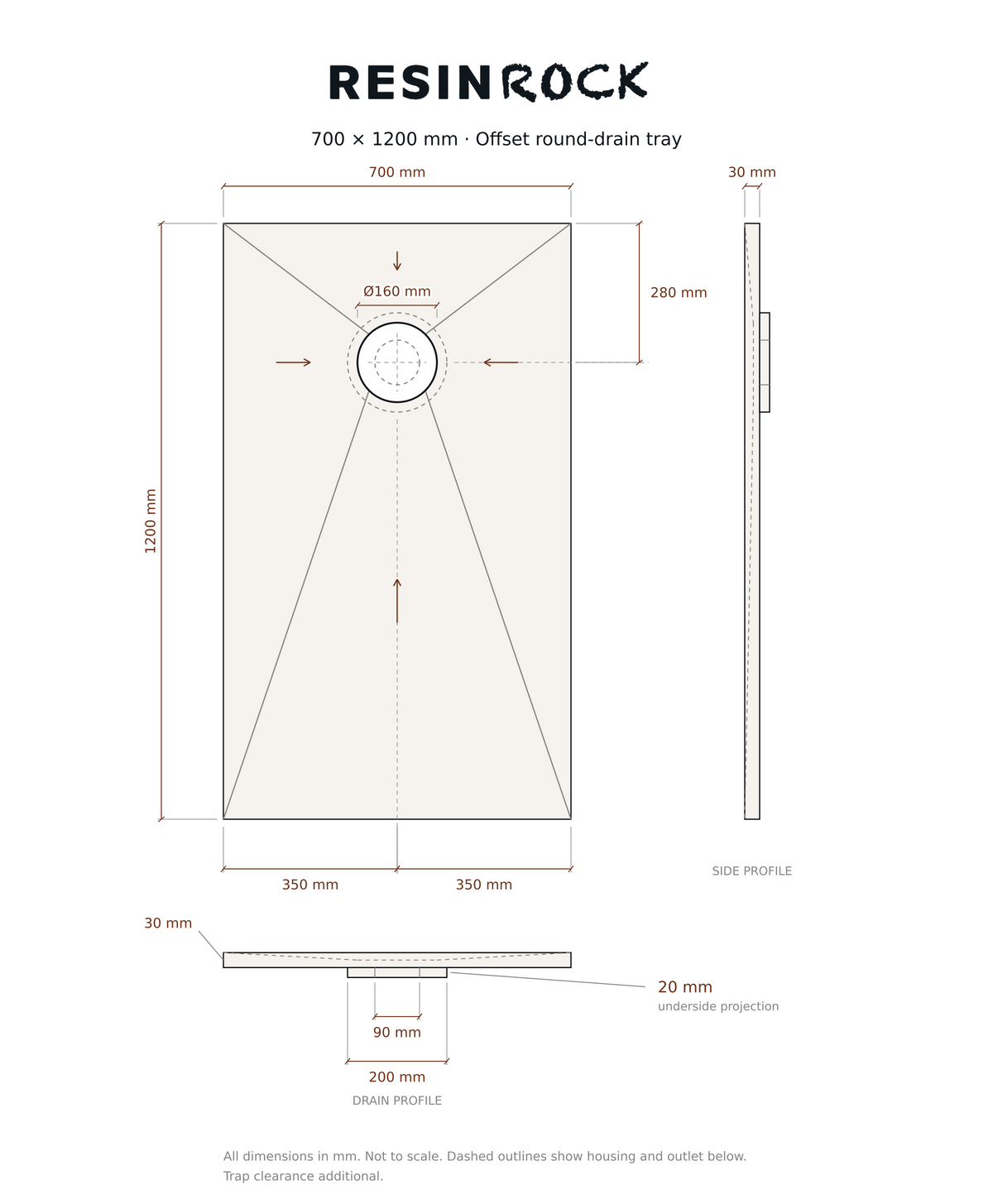 Resin Rock 700 x 1200 mm round-drain tray specification drawing
