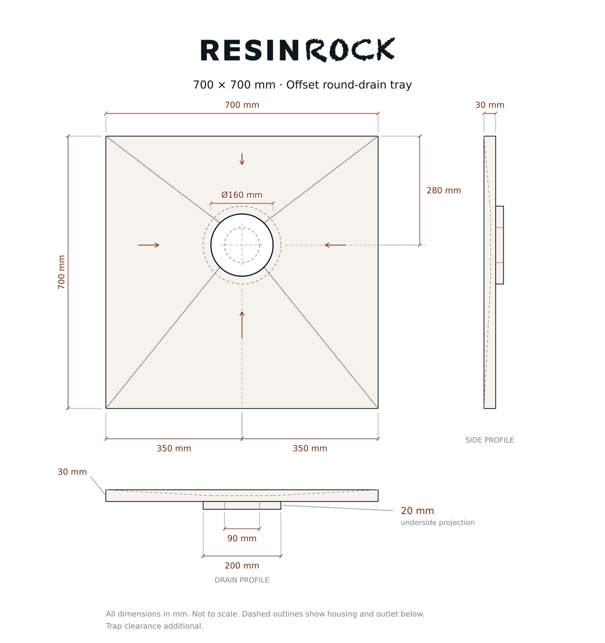 Resin Rock 700 x 700 mm round-drain tray specification drawing