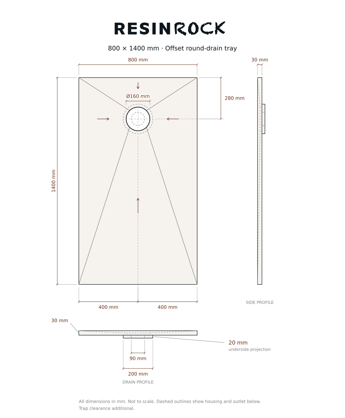 Resin Rock 800 x 1400 mm round-drain tray specification drawing