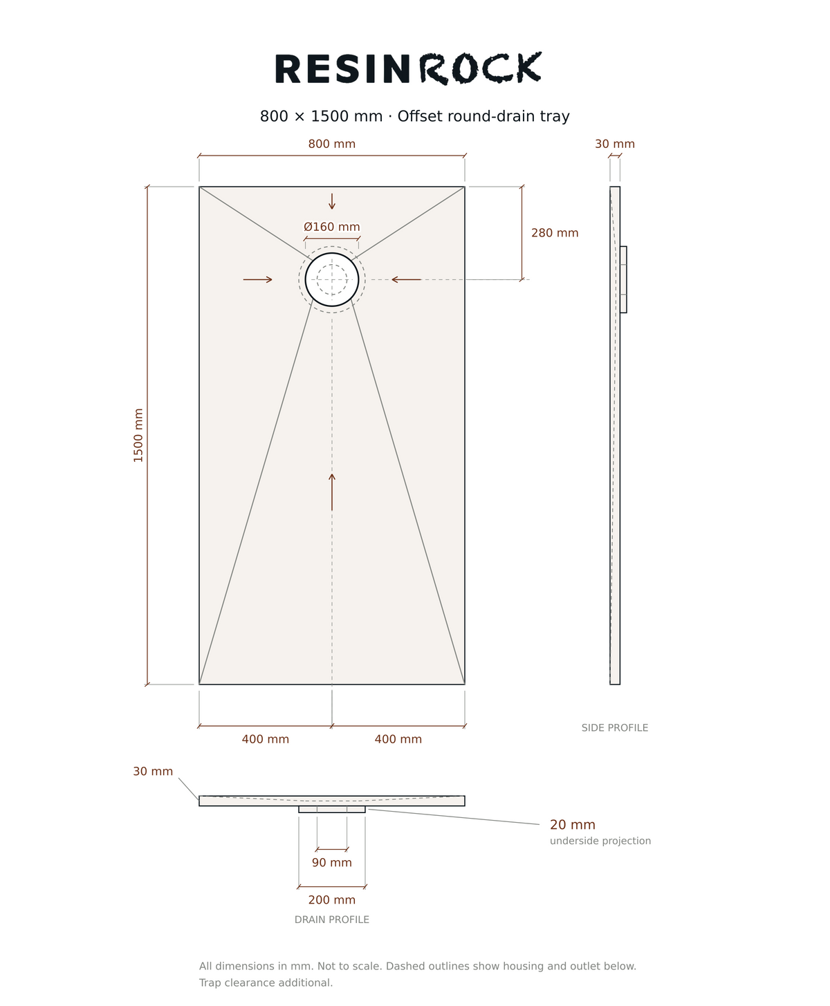 Resin Rock 800 x 1500 mm round-drain tray specification drawing