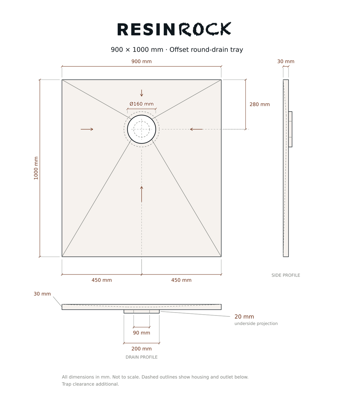 Resin Rock 900 x 1000 mm round-drain tray specification drawing