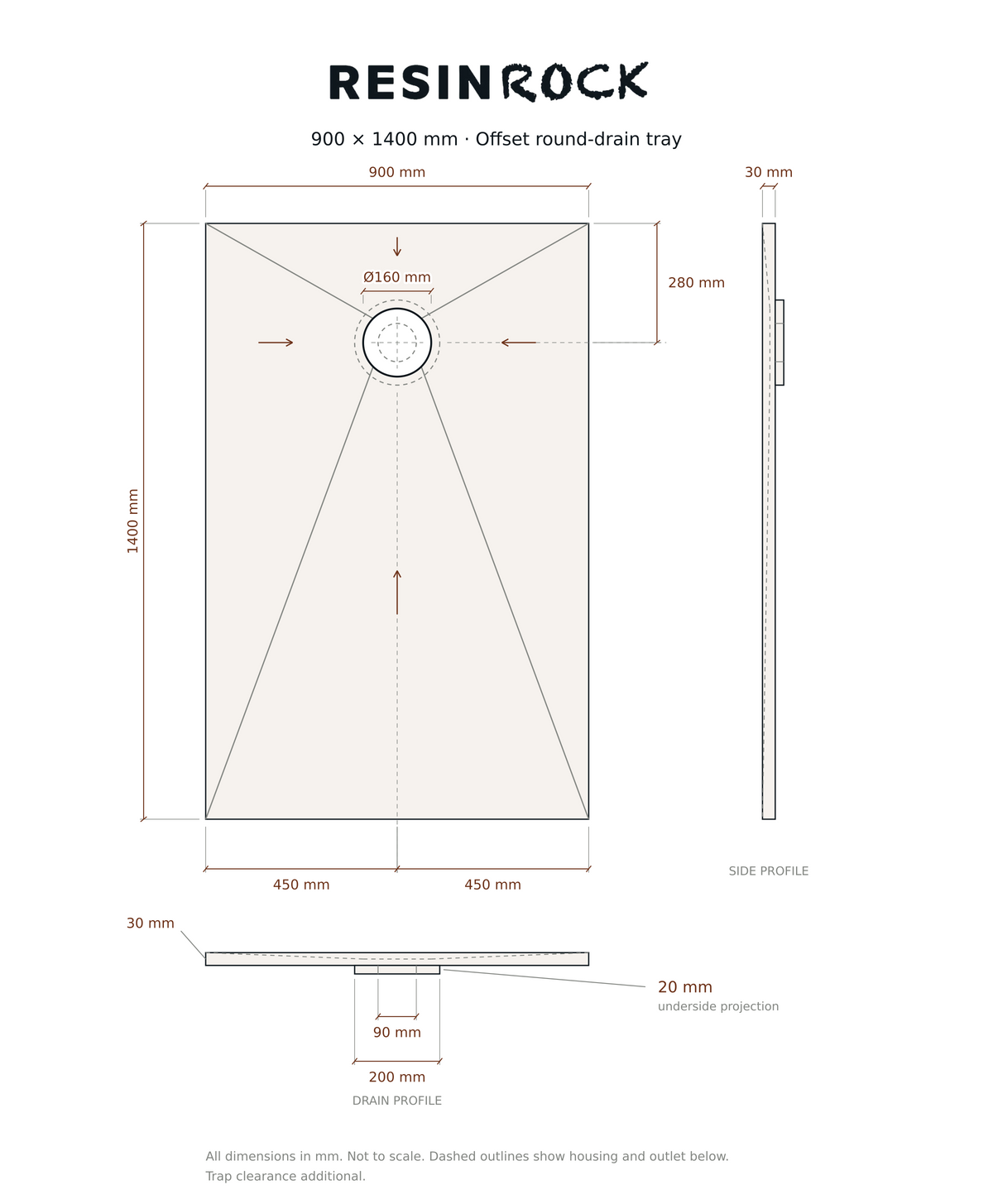 Resin Rock 900 x 1400 mm round-drain tray specification drawing