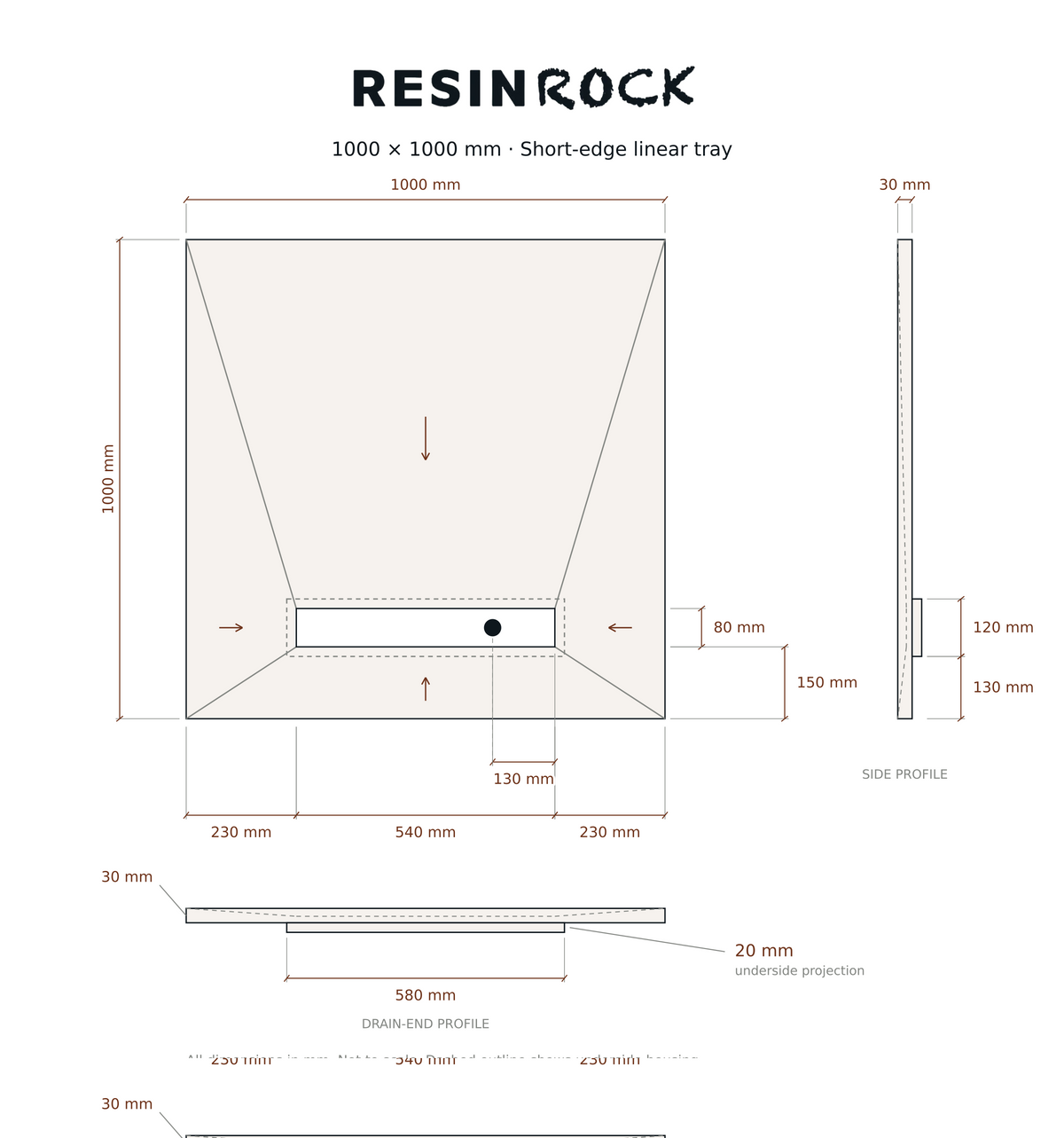 Resin Rock 1000 x 1000 mm short-edge linear tray specification drawing