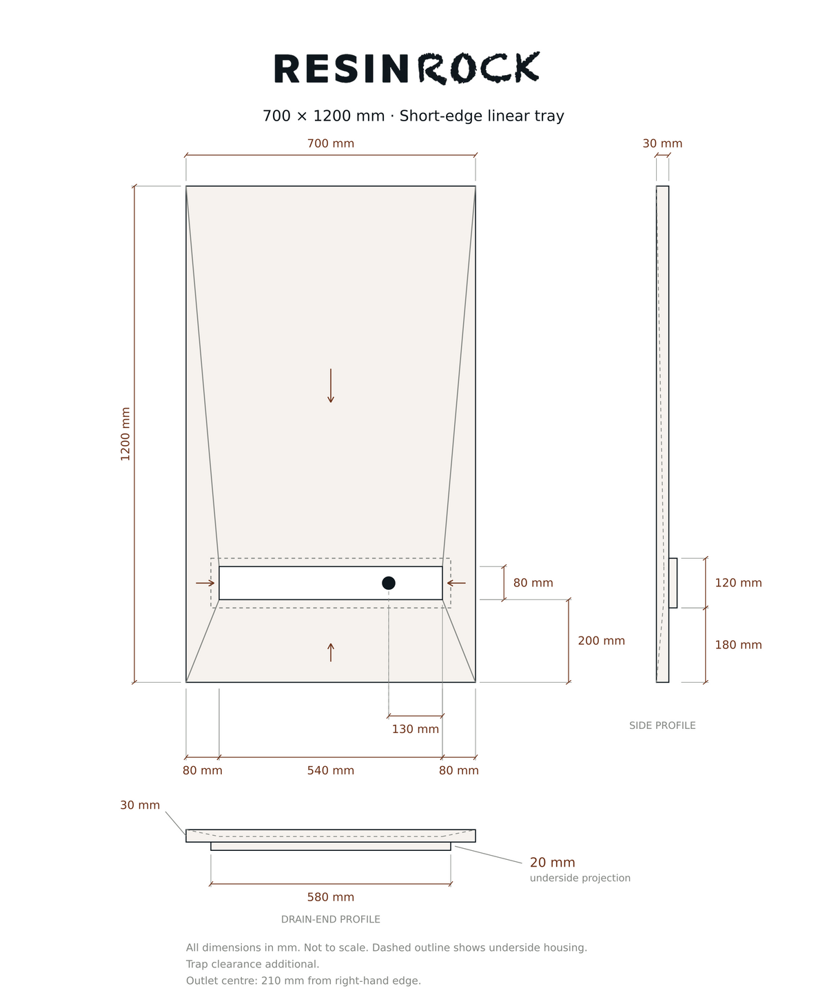 Resin Rock 700 x 1200 mm short-edge linear tray specification drawing
