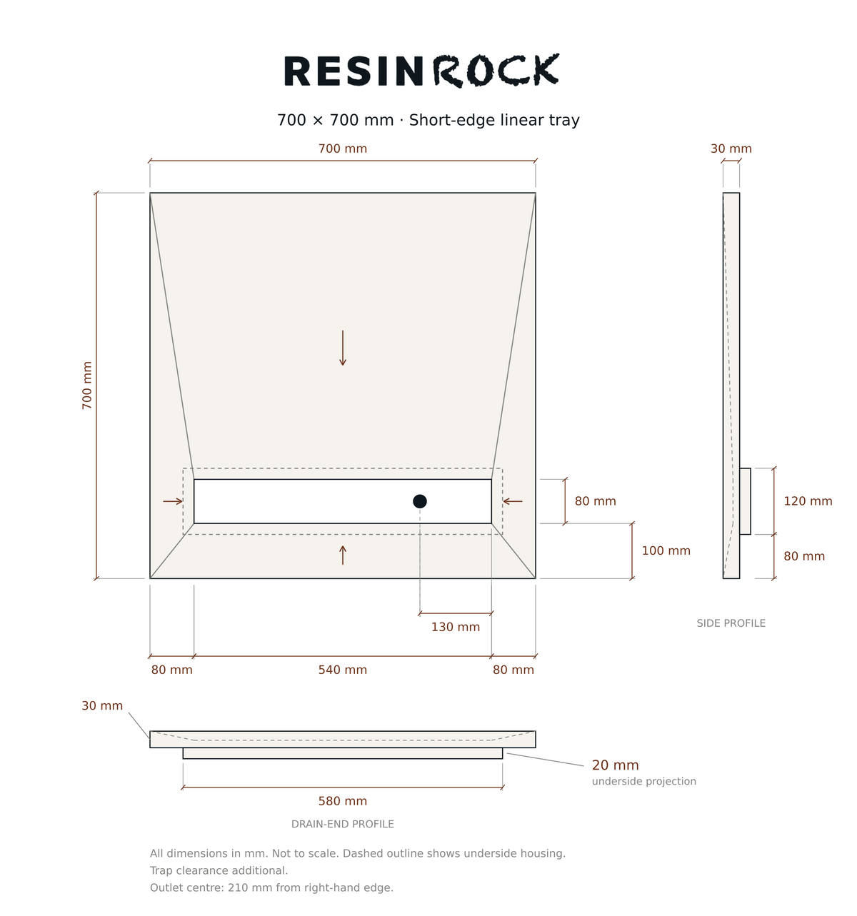 Resin Rock 700 x 700 mm short-edge linear tray specification drawing
