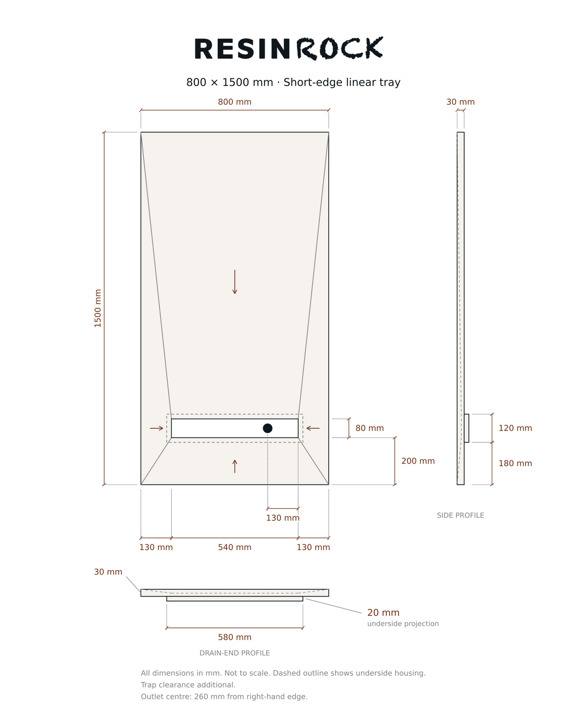 Resin Rock 800 x 1500 mm short-edge linear tray specification drawing