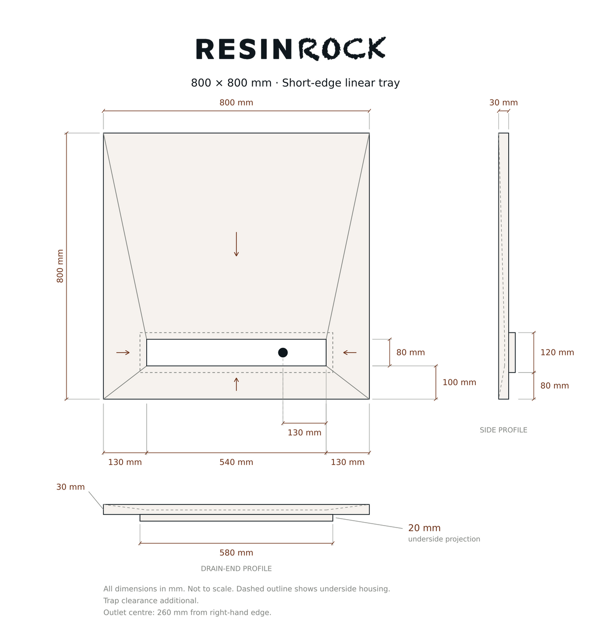 Resin Rock 800 x 800 mm short-edge linear tray specification drawing