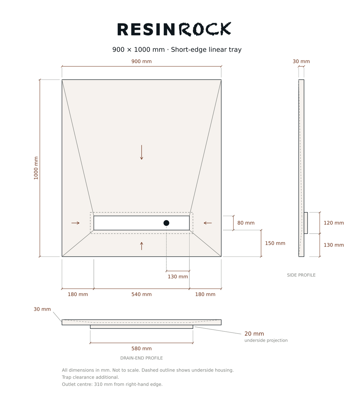 Resin Rock 900 x 1000 mm short-edge linear tray specification drawing