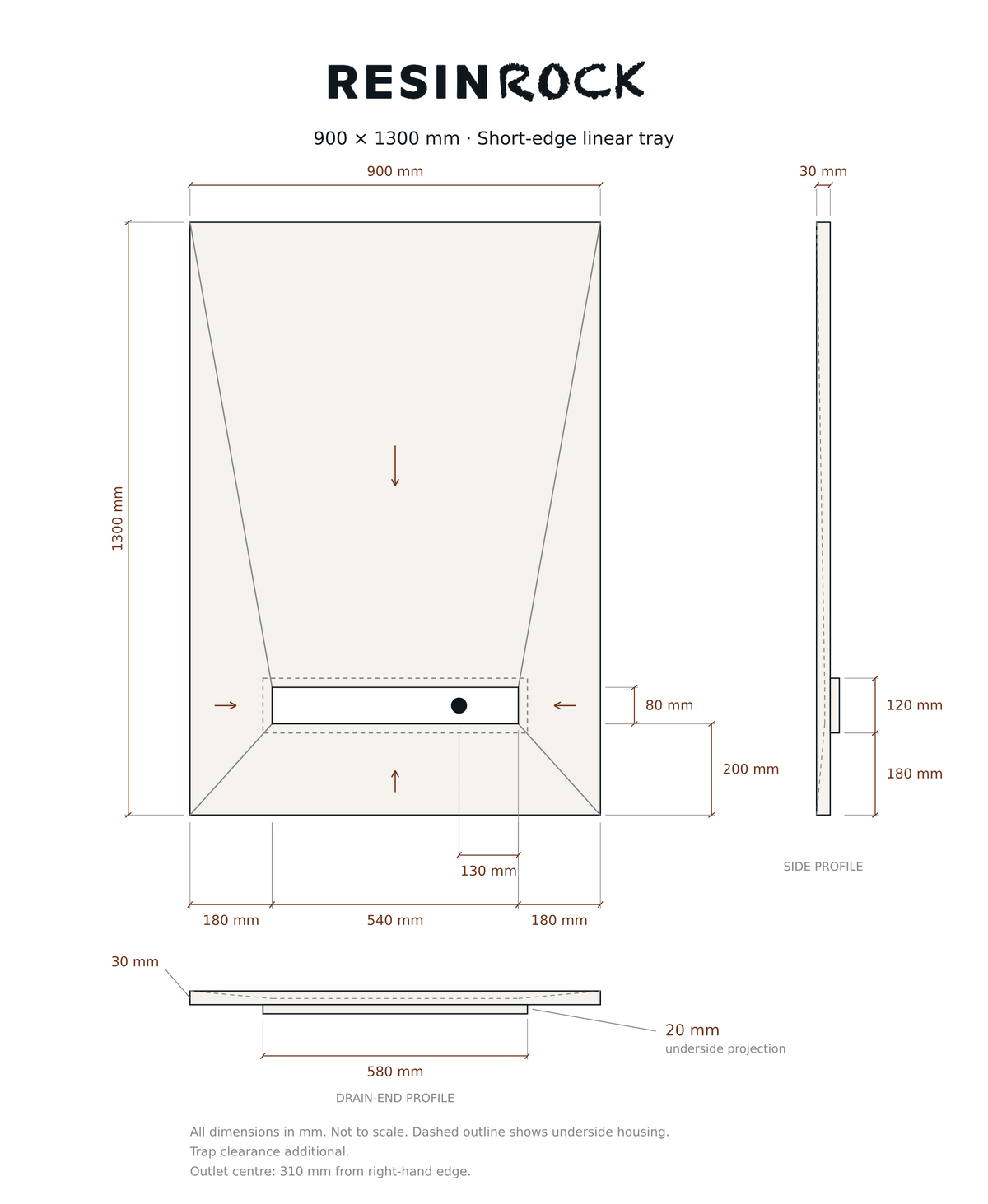 Resin Rock 900 x 1300 mm short-edge linear tray specification drawing