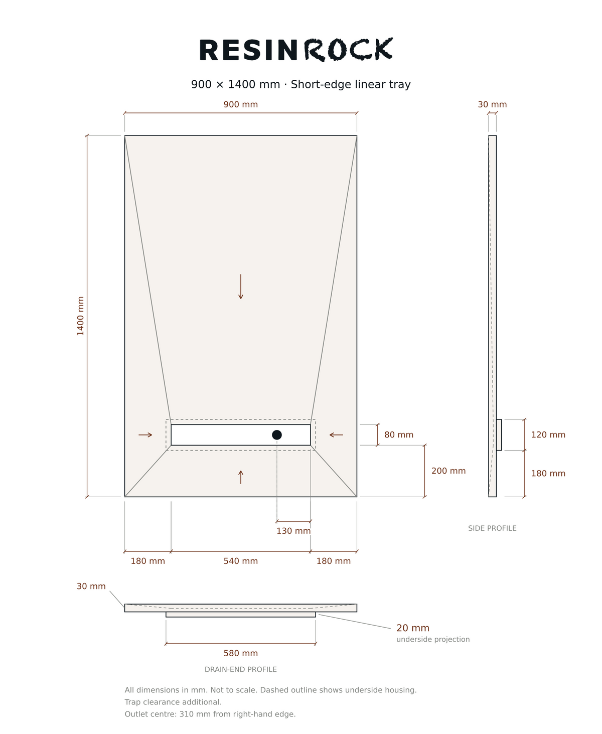 Resin Rock 900 x 1400 mm short-edge linear tray specification drawing