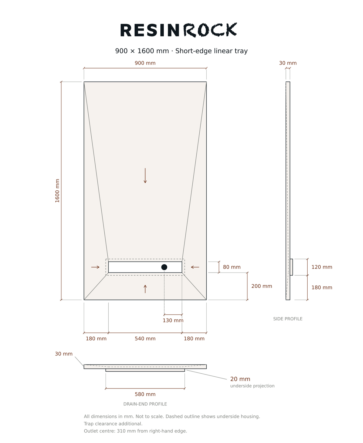 Resin Rock 900 x 1600 mm short-edge linear tray specification drawing