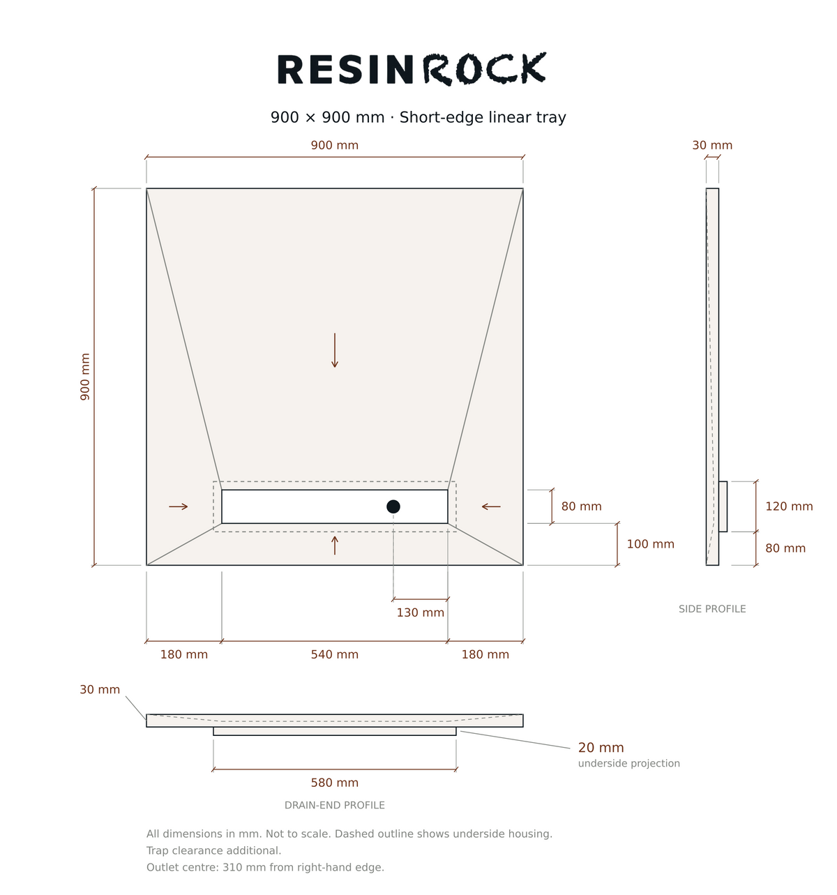 Resin Rock 900 x 900 mm short-edge linear tray specification drawing